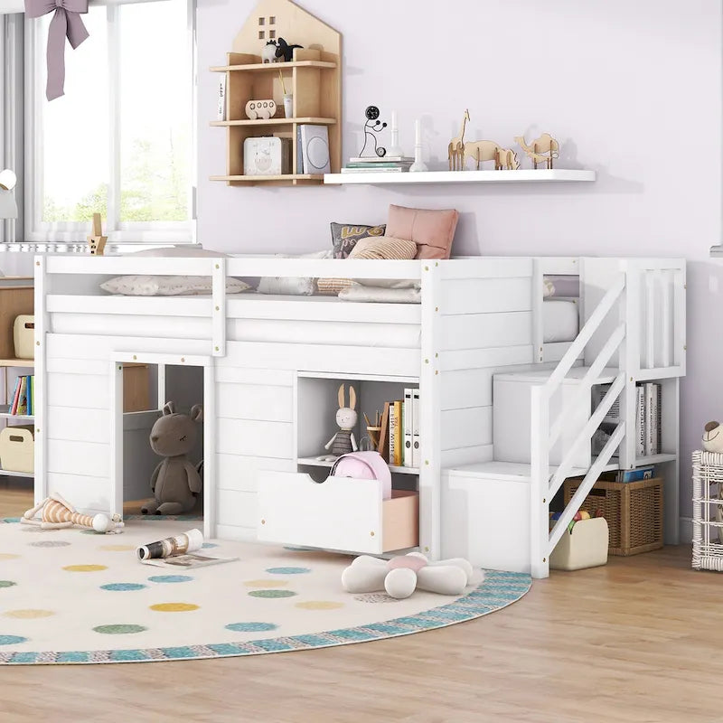 Cama alta baja de madera maciza blanca tamaño individual con escaleras