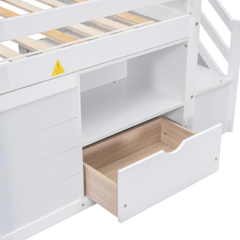 Cama alta baja de madera maciza blanca tamaño individual con escaleras