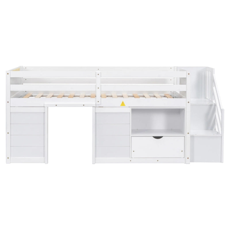 Cama alta baja de madera maciza blanca tamaño individual con escaleras