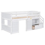 Cama alta baja de madera maciza blanca tamaño individual con escaleras