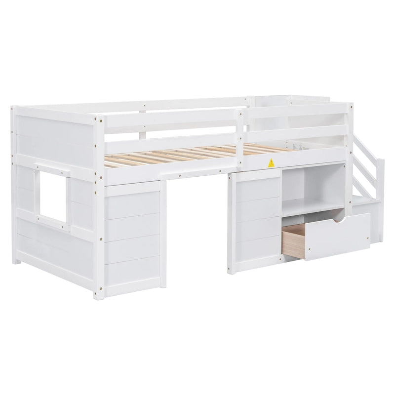 Cama alta baja de madera maciza blanca tamaño individual con escaleras