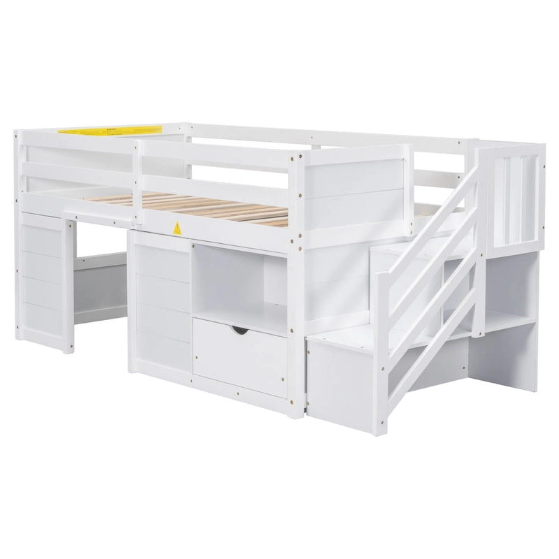 Cama alta baja de madera maciza blanca tamaño individual con escaleras