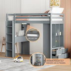 Cama alta de madera maciza gris tamaño twin con estantes y luz LED