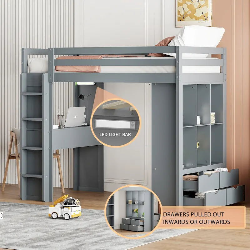 Cama alta de madera maciza gris tamaño twin con estantes y luz LED