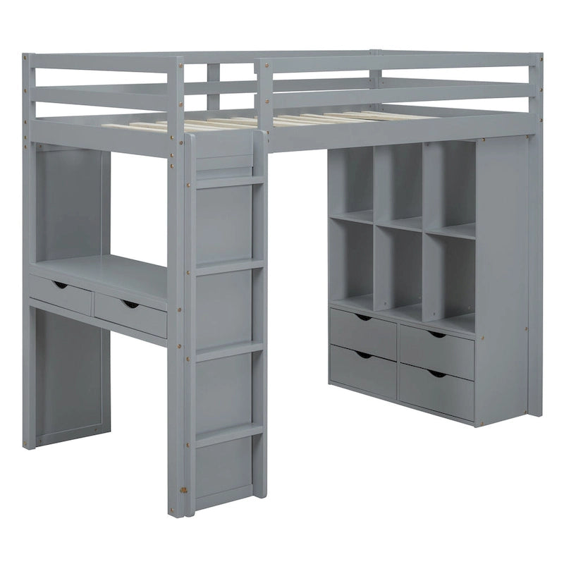 Cama alta de madera maciza gris tamaño twin con estantes y luz LED