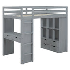 Cama alta de madera maciza gris tamaño twin con estantes y luz LED