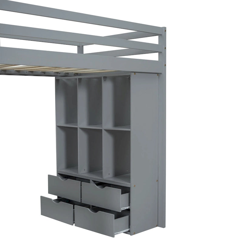 Cama alta de madera maciza gris tamaño twin con estantes y luz LED