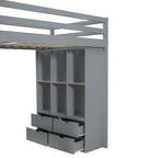 Cama alta de madera maciza gris tamaño twin con estantes y luz LED