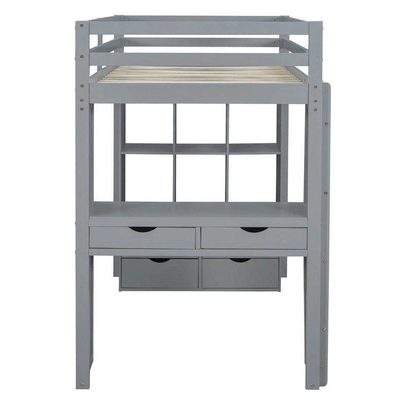 Cama alta de madera maciza gris tamaño twin con estantes y luz LED