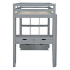Cama alta de madera maciza gris tamaño twin con estantes y luz LED