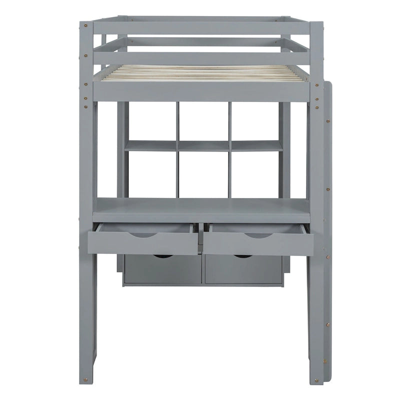 Cama alta de madera maciza gris tamaño twin con estantes y luz LED