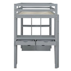 Cama alta de madera maciza gris tamaño twin con estantes y luz LED