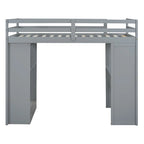 Cama alta de madera maciza gris tamaño twin con estantes y luz LED