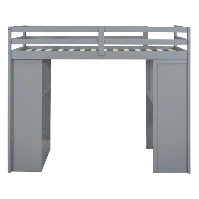 Cama alta de madera maciza gris tamaño twin con estantes y luz LED