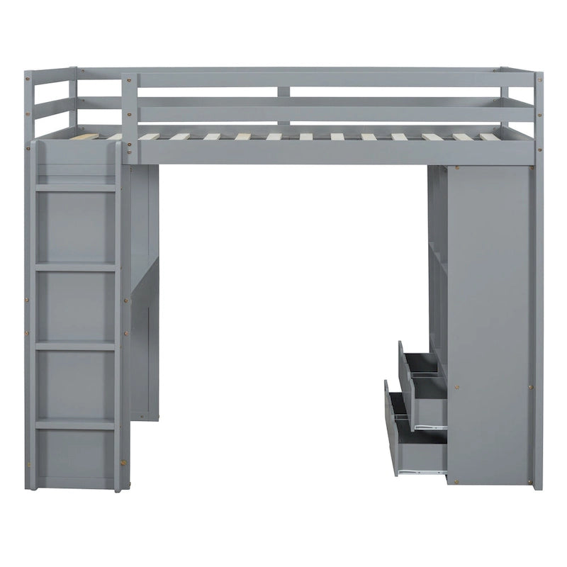Cama alta de madera maciza gris tamaño twin con estantes y luz LED