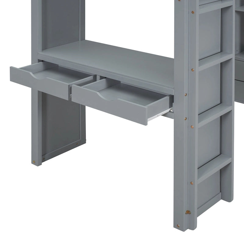 Cama alta de madera maciza gris tamaño twin con estantes y luz LED