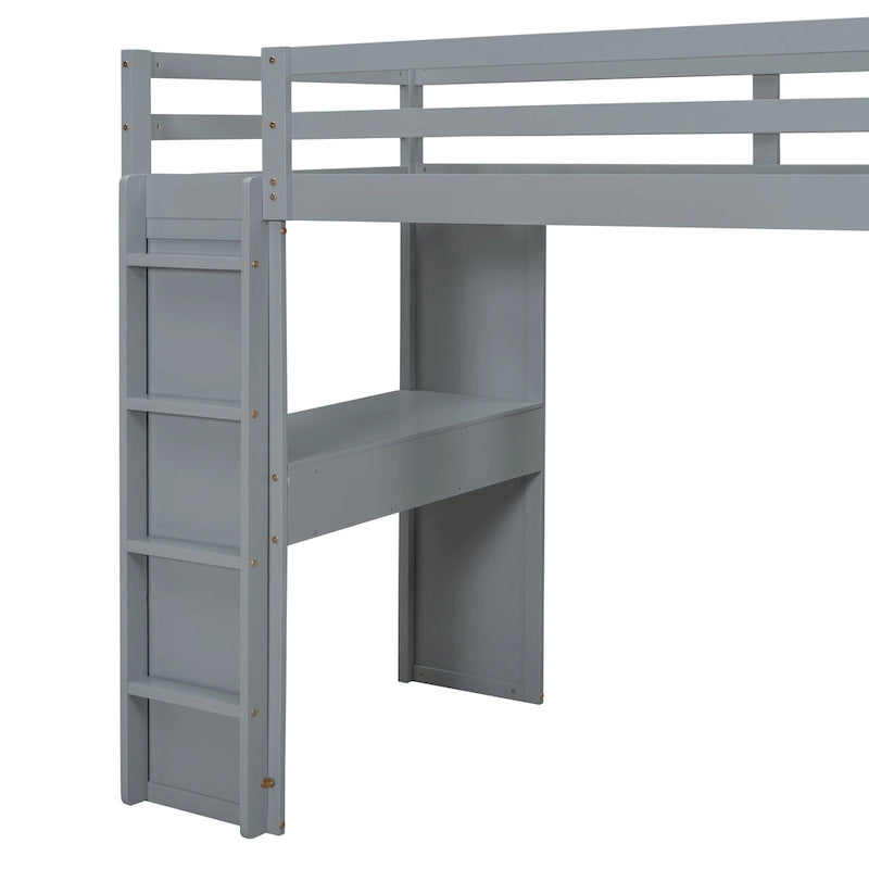 Cama alta de madera maciza gris tamaño twin con estantes y luz LED