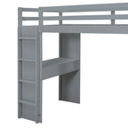 Cama alta de madera maciza gris tamaño twin con estantes y luz LED