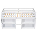 White Twin Size Wood Low Loft Bed with Two-Tier Shelves and LED