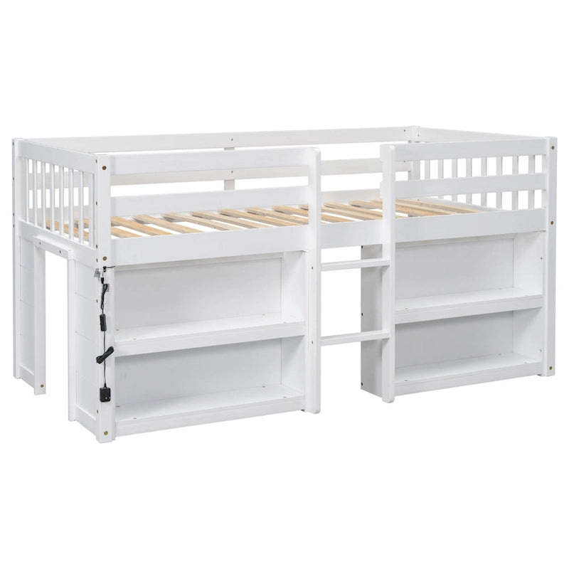 Cama alta baja de madera blanca, tamaño individual, con dos estantes y luces LED