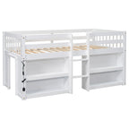 Cama alta baja de madera blanca, tamaño individual, con dos estantes y luces LED