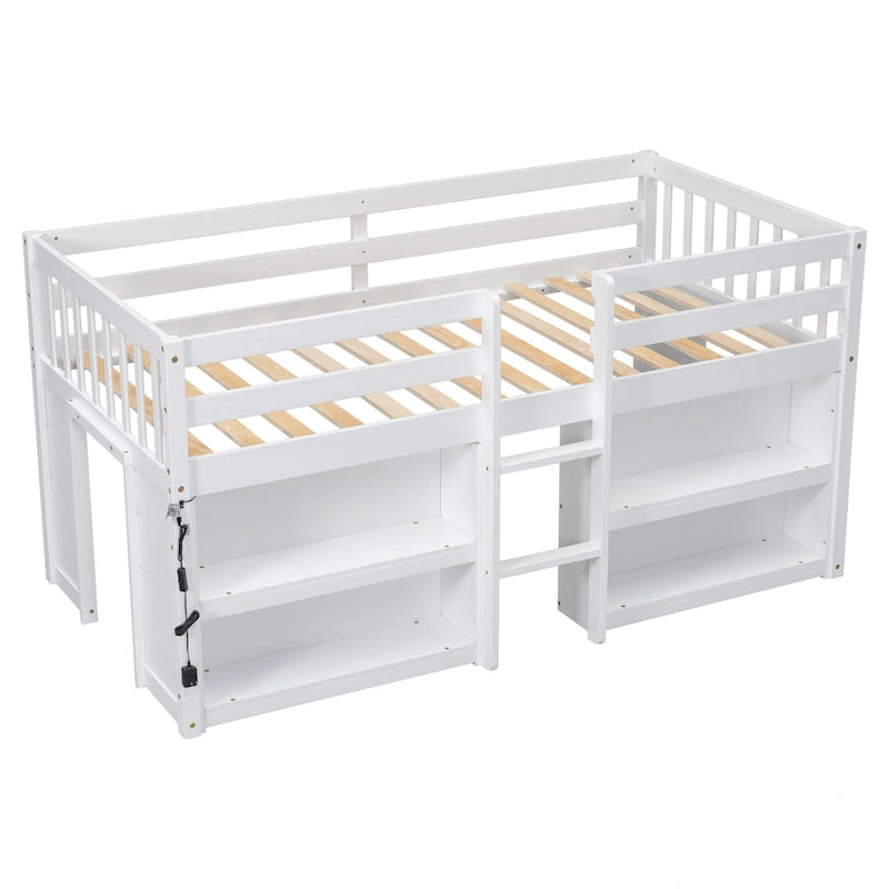 Cama alta baja de madera blanca, tamaño individual, con dos estantes y luces LED
