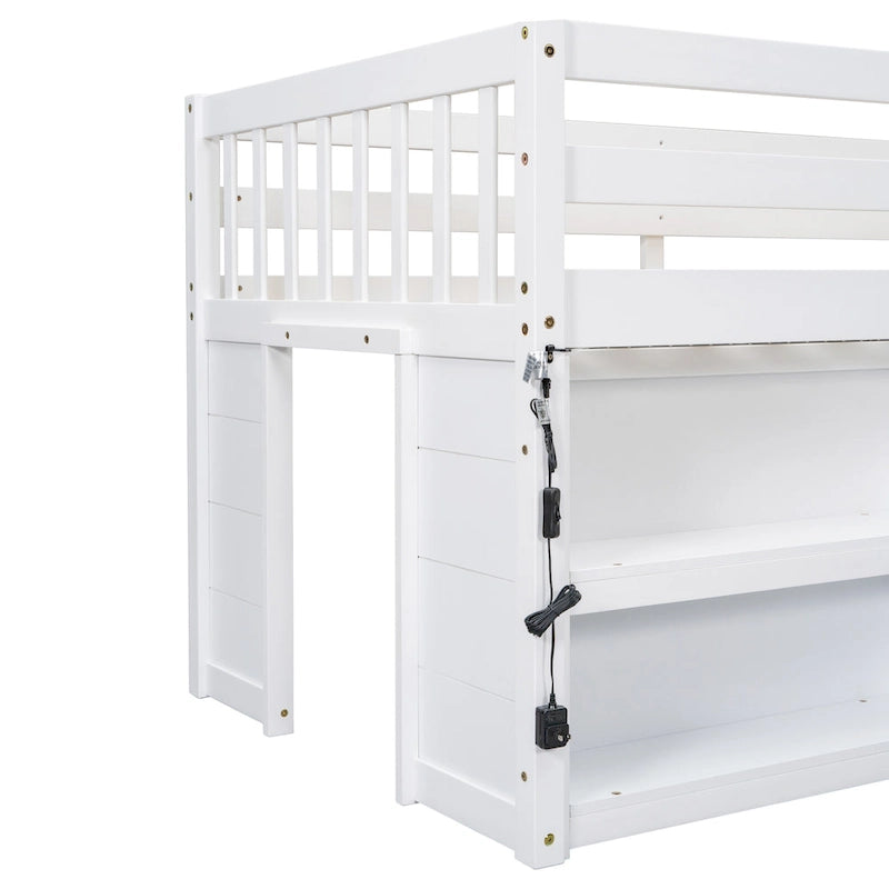 Cama alta baja de madera blanca, tamaño individual, con dos estantes y luces LED