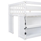 Cama alta baja de madera blanca, tamaño individual, con dos estantes y luces LED
