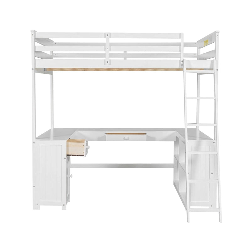 Cama alta de madera maciza blanca tamaño matrimonial con escritorio, pizarra y almacenamiento