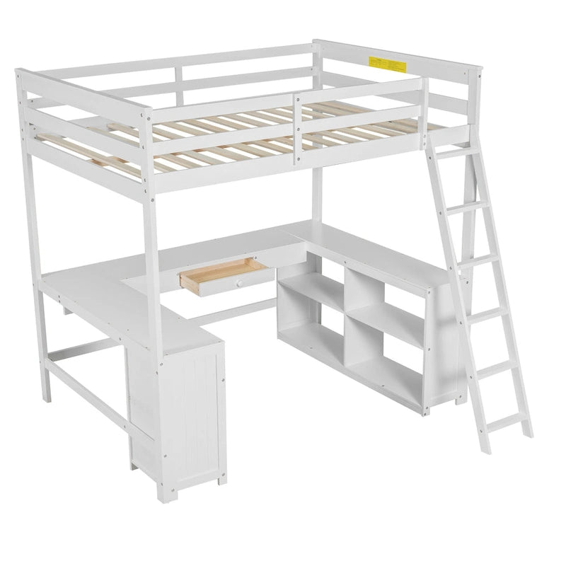 Cama alta de madera maciza blanca tamaño matrimonial con escritorio, pizarra y almacenamiento