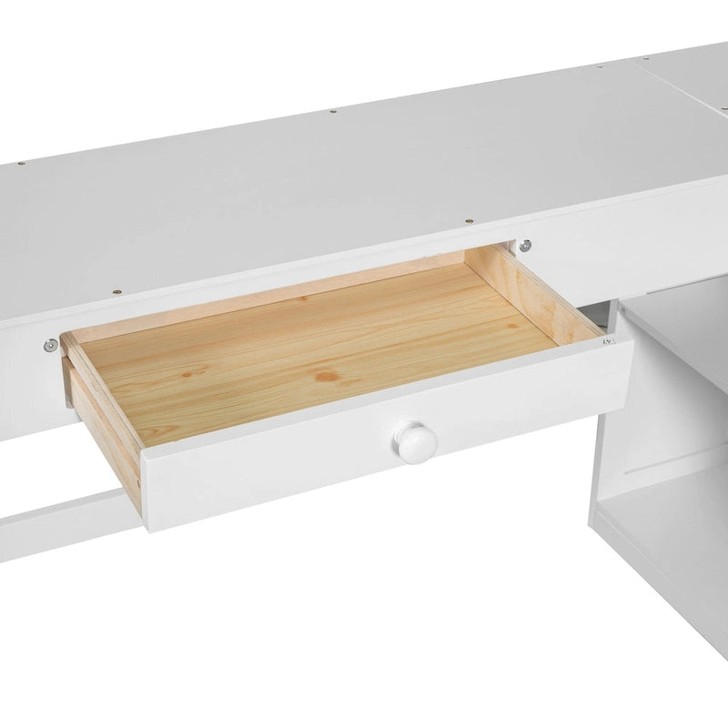Cama alta de madera maciza blanca tamaño matrimonial con escritorio, pizarra y almacenamiento