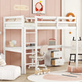 Cama alta doble de madera blanca con base, escritorio integrado, un armario de almacenamiento de 2 cajones, barandillas y escalera