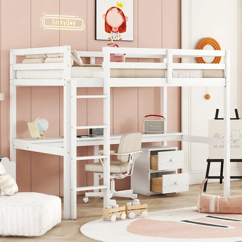 Cama alta doble de madera blanca con base, escritorio integrado, un armario de almacenamiento de 2 cajones, barandillas y escalera