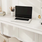 White Twin Size Wood Loft Wood Bed with Under-bed, Built-in Desk, a Storage Cabinet of 2 Drawers, Guardrails and Ladder