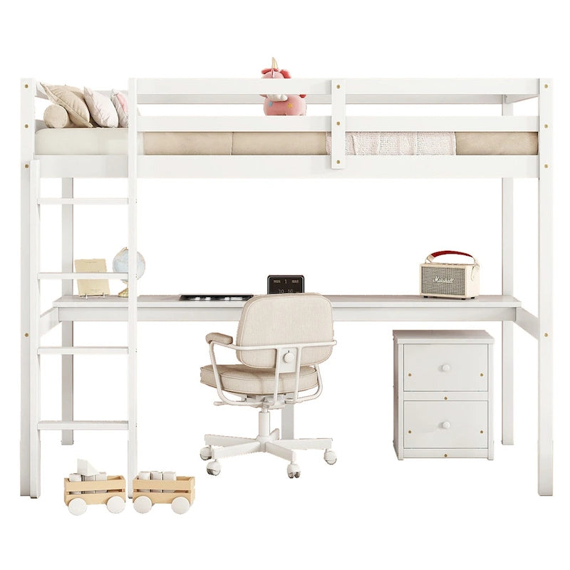 Cama alta doble de madera blanca con base, escritorio integrado, un armario de almacenamiento de 2 cajones, barandillas y escalera
