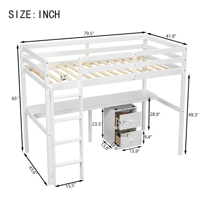 Cama alta doble de madera blanca con base, escritorio integrado, un armario de almacenamiento de 2 cajones, barandillas y escalera