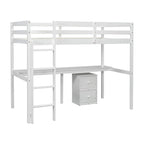 Cama alta doble de madera blanca con base, escritorio integrado, un armario de almacenamiento de 2 cajones, barandillas y escalera
