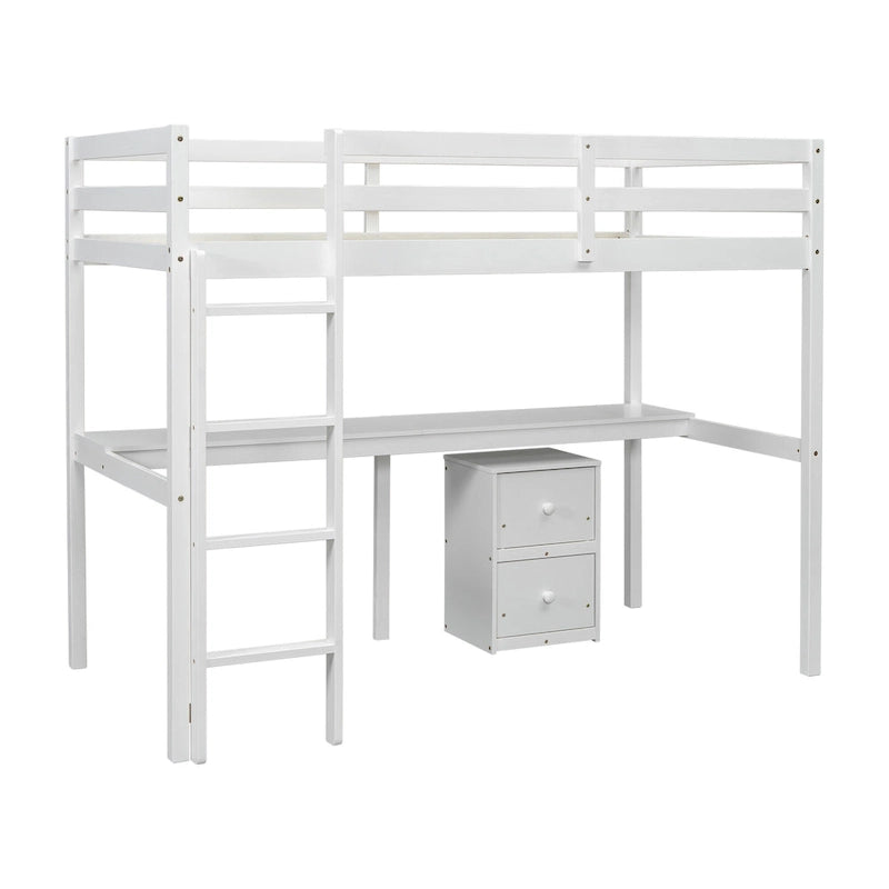 Cama alta doble de madera blanca con base, escritorio integrado, un armario de almacenamiento de 2 cajones, barandillas y escalera