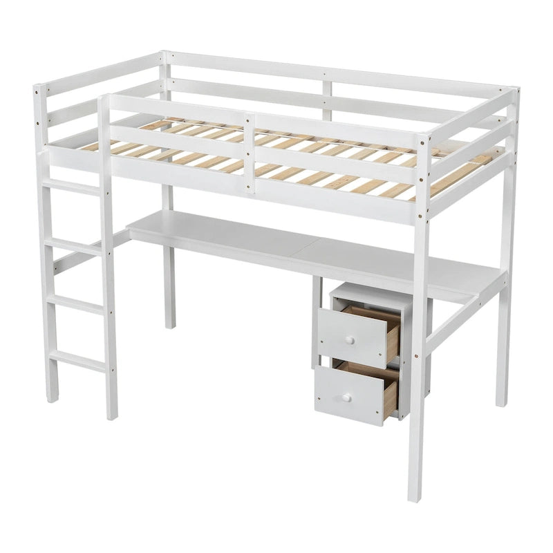 Cama alta doble de madera blanca con base, escritorio integrado, un armario de almacenamiento de 2 cajones, barandillas y escalera