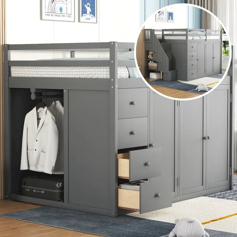 Cama alta de madera tamaño matrimonial gris con armarios y cajones incorporados