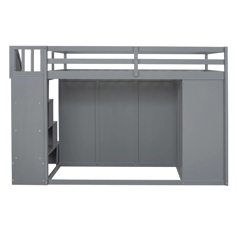 Cama alta de madera tamaño matrimonial gris con armarios y cajones incorporados