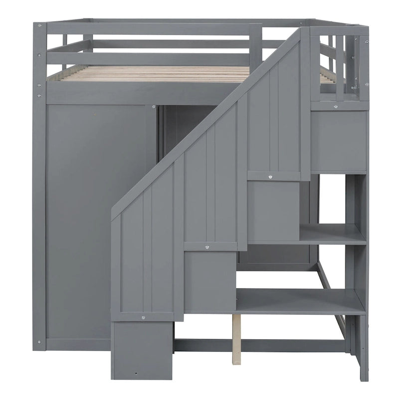 Cama alta de madera tamaño matrimonial gris con armarios y cajones incorporados