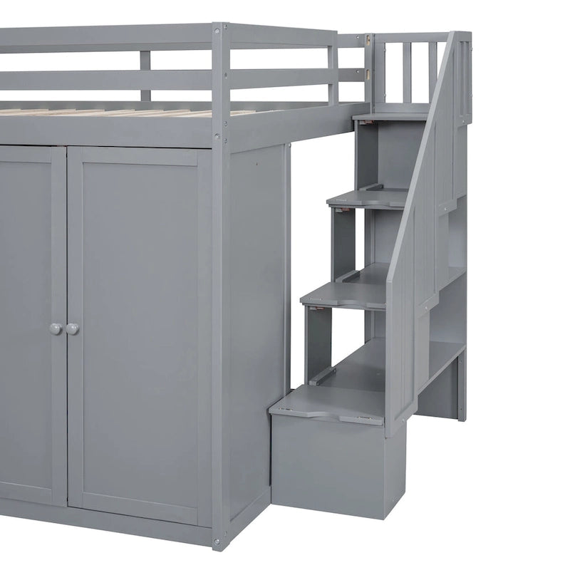 Cama alta de madera tamaño matrimonial gris con armarios y cajones incorporados