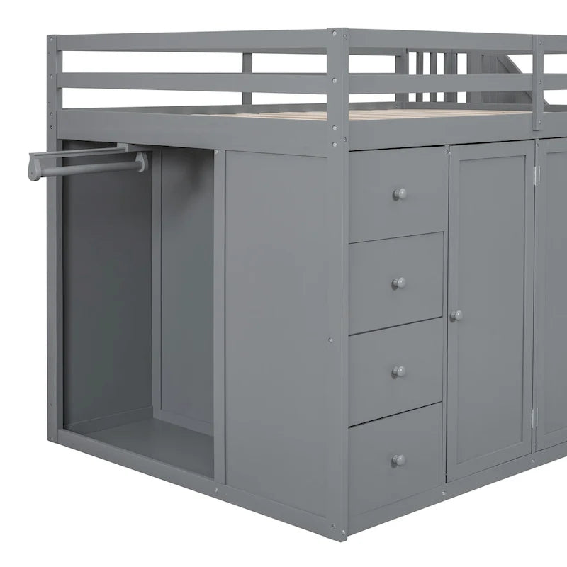 Cama alta de madera tamaño matrimonial gris con armarios y cajones incorporados