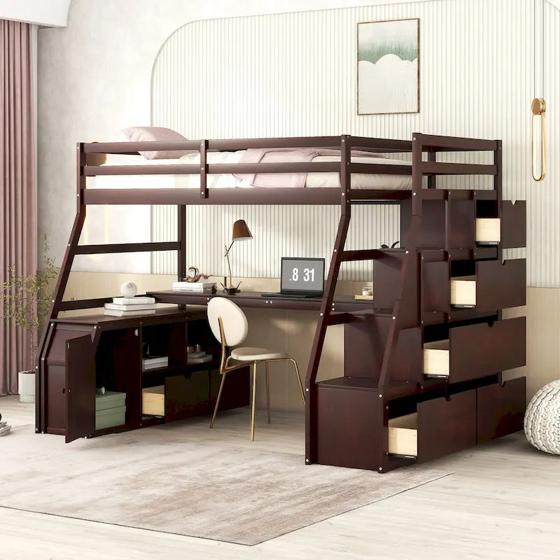 Cama alta de madera doble espresso con cajones, estantes y escritorio