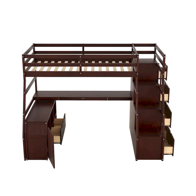 Cama alta de madera doble espresso con cajones, estantes y escritorio