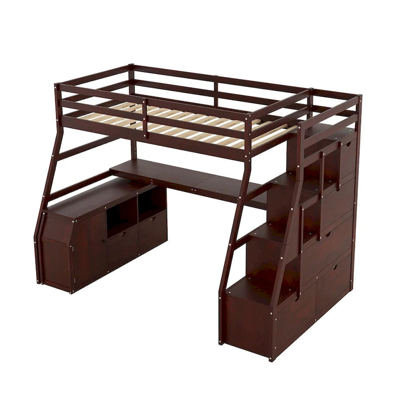 Cama alta de madera doble espresso con cajones, estantes y escritorio