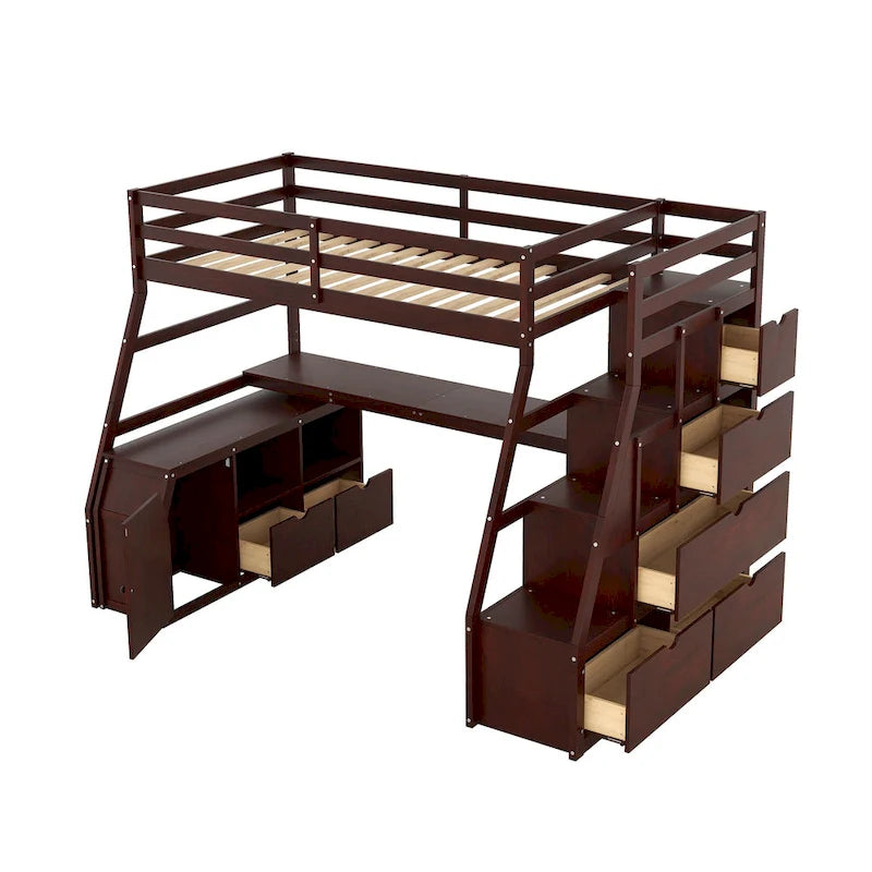 Cama alta de madera doble espresso con cajones, estantes y escritorio