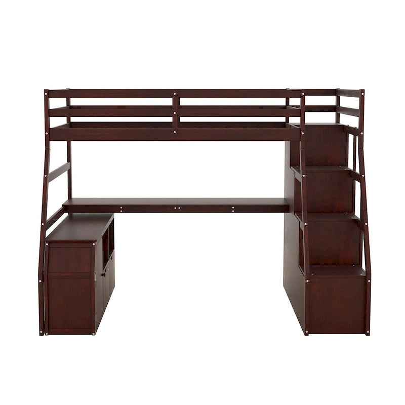 Cama alta de madera doble espresso con cajones, estantes y escritorio