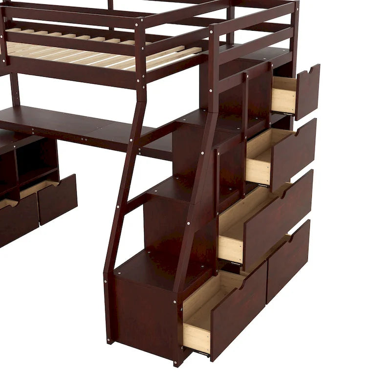 Cama alta de madera doble espresso con cajones, estantes y escritorio